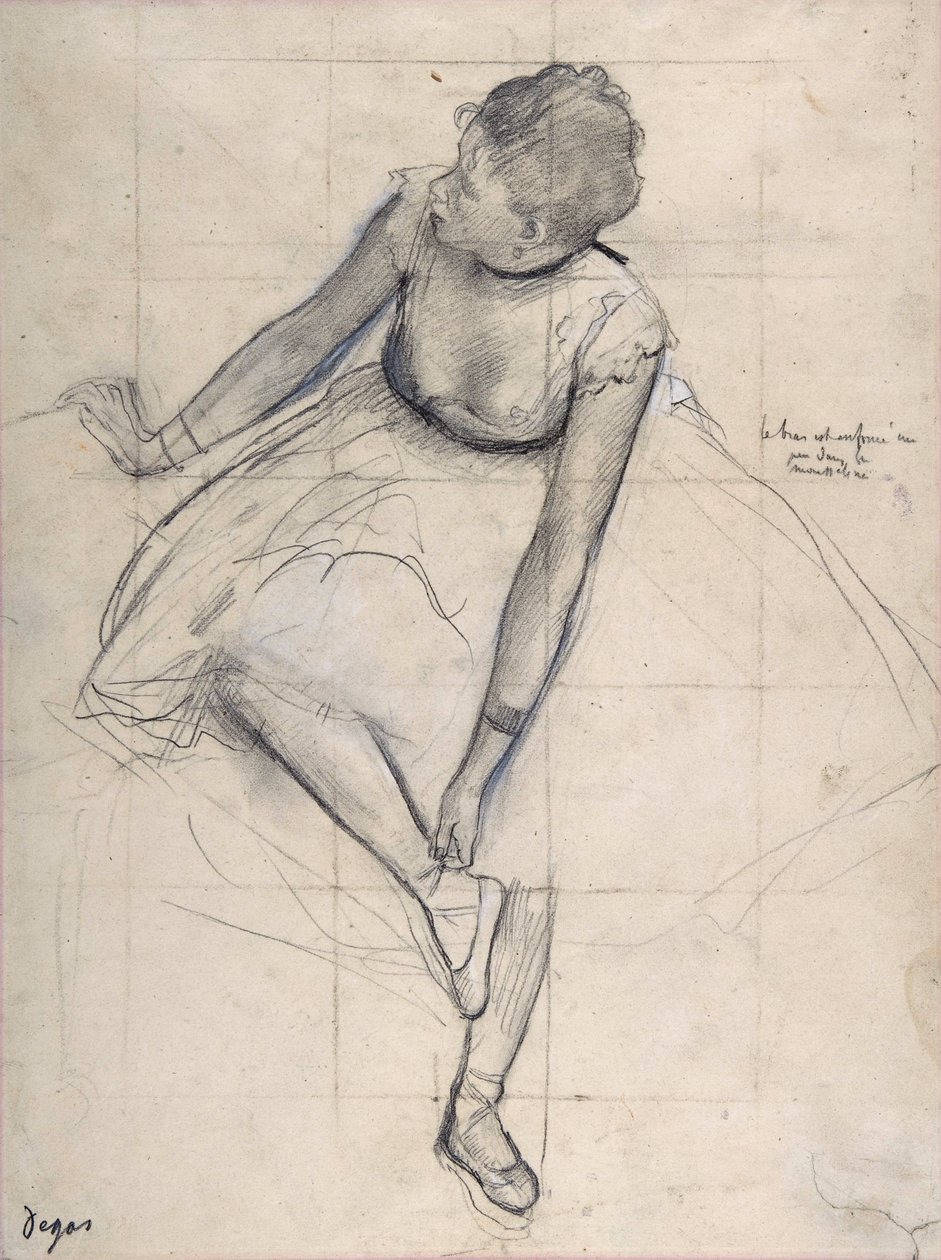Danser justerer skoen (ballerina). Tegning av Edgar Degas (1834-1917) New York City. Metropolitan Museum of Art. av Edgar Degas