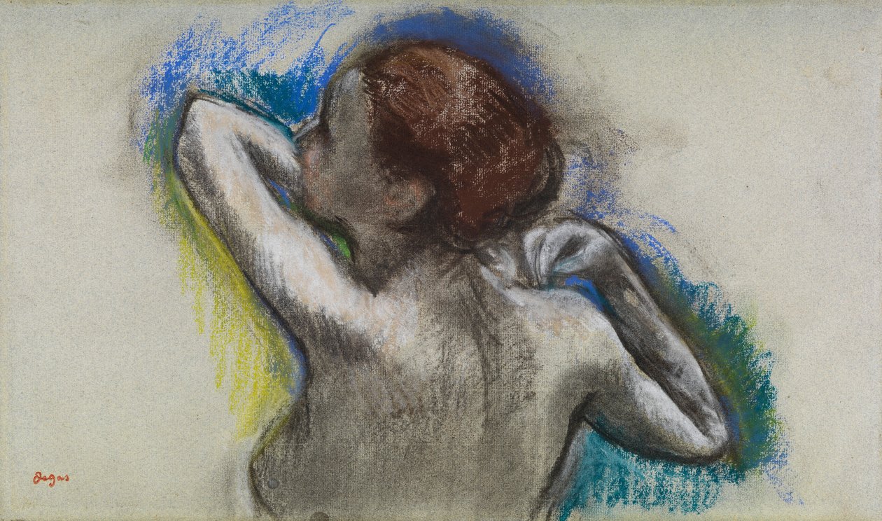 Danser som justerer skulderremmen, ca. 1895-1900 (kull og pastell på papir) av Edgar Degas