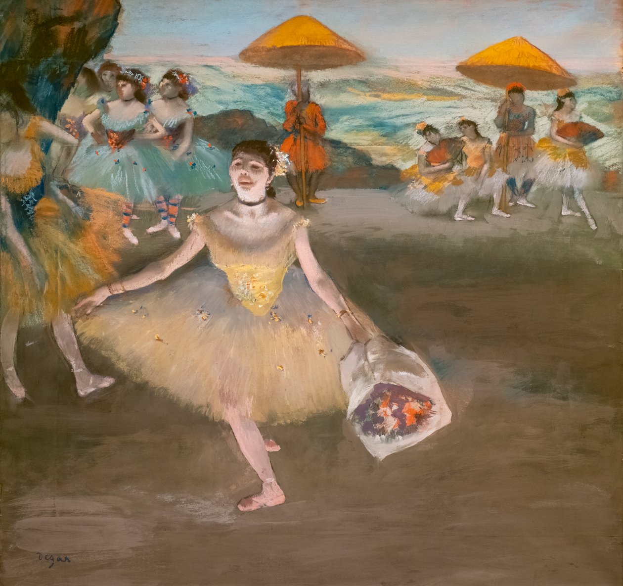 Danser med en honnørbukett. 1878. Pastell på velinpapirmaruffel på lerret. av Edgar Degas
