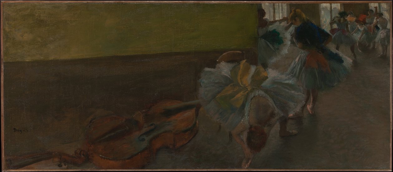 Dansere i øvingssalen sammen med en kontrabass av Edgar Degas