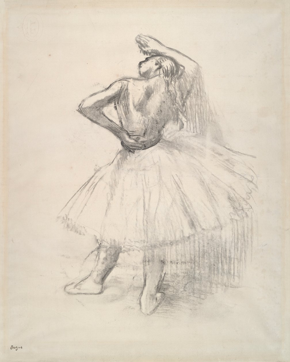 Danser stående, høyre arm hevet? (Stående danser, høyre arm hevet) av Edgar Degas