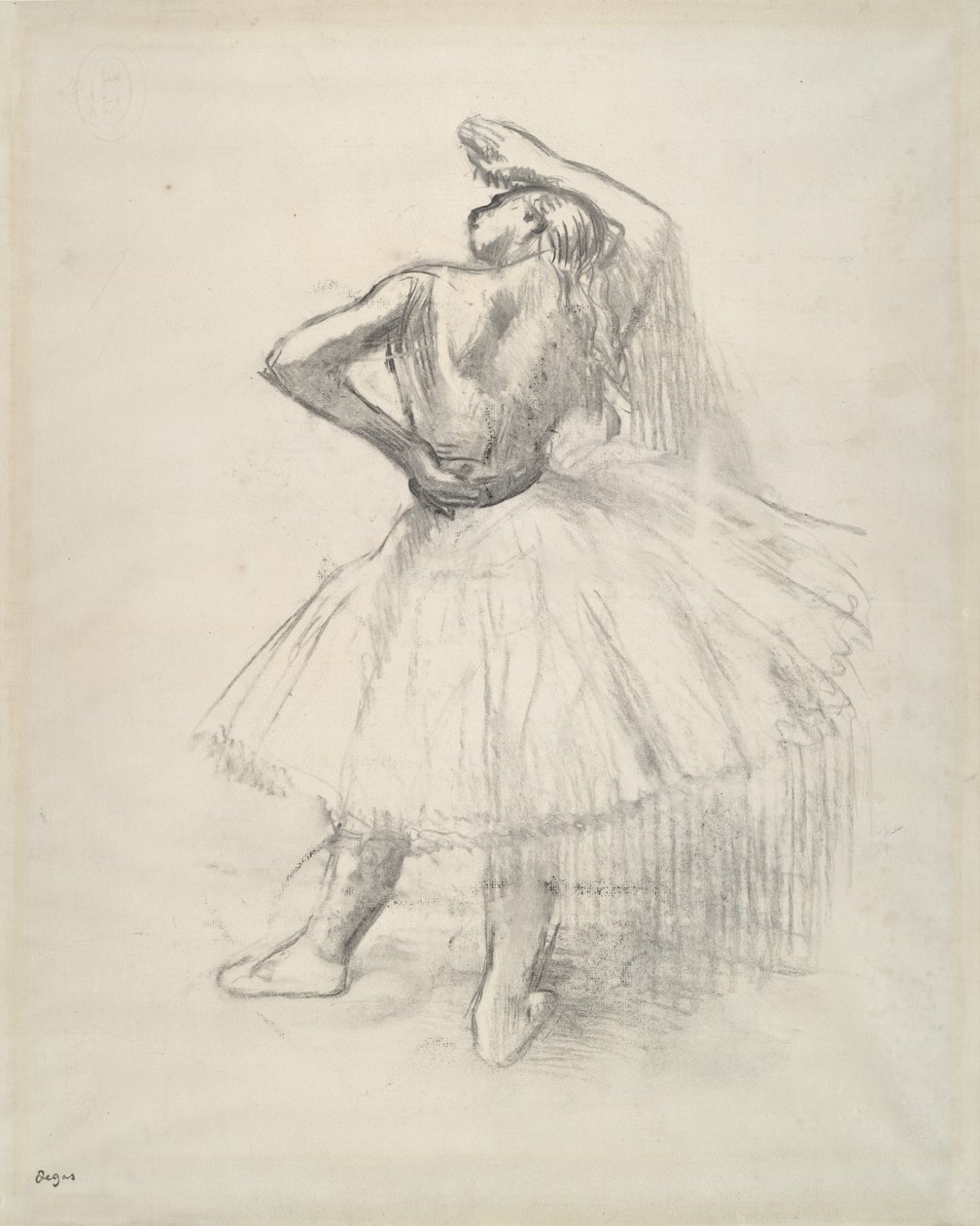 Stående danser, høyre arm hevet, ca. 1891 (motsikker på tegning på papir) av Edgar Degas