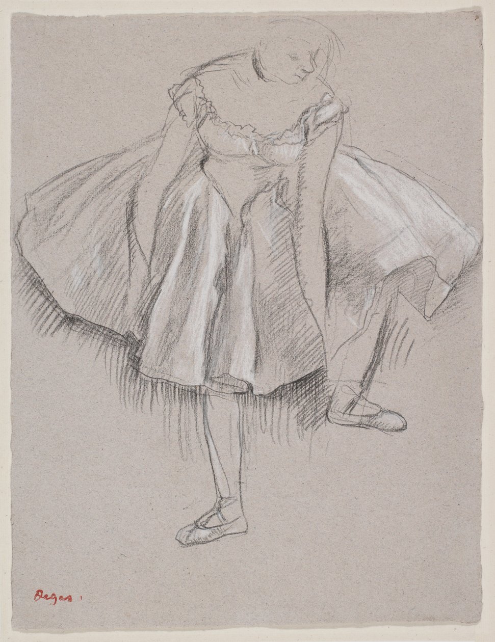 Danseuse rajustant son chausson, tidlig på 1880-tallet (kull og pastell på papir) av Edgar Degas