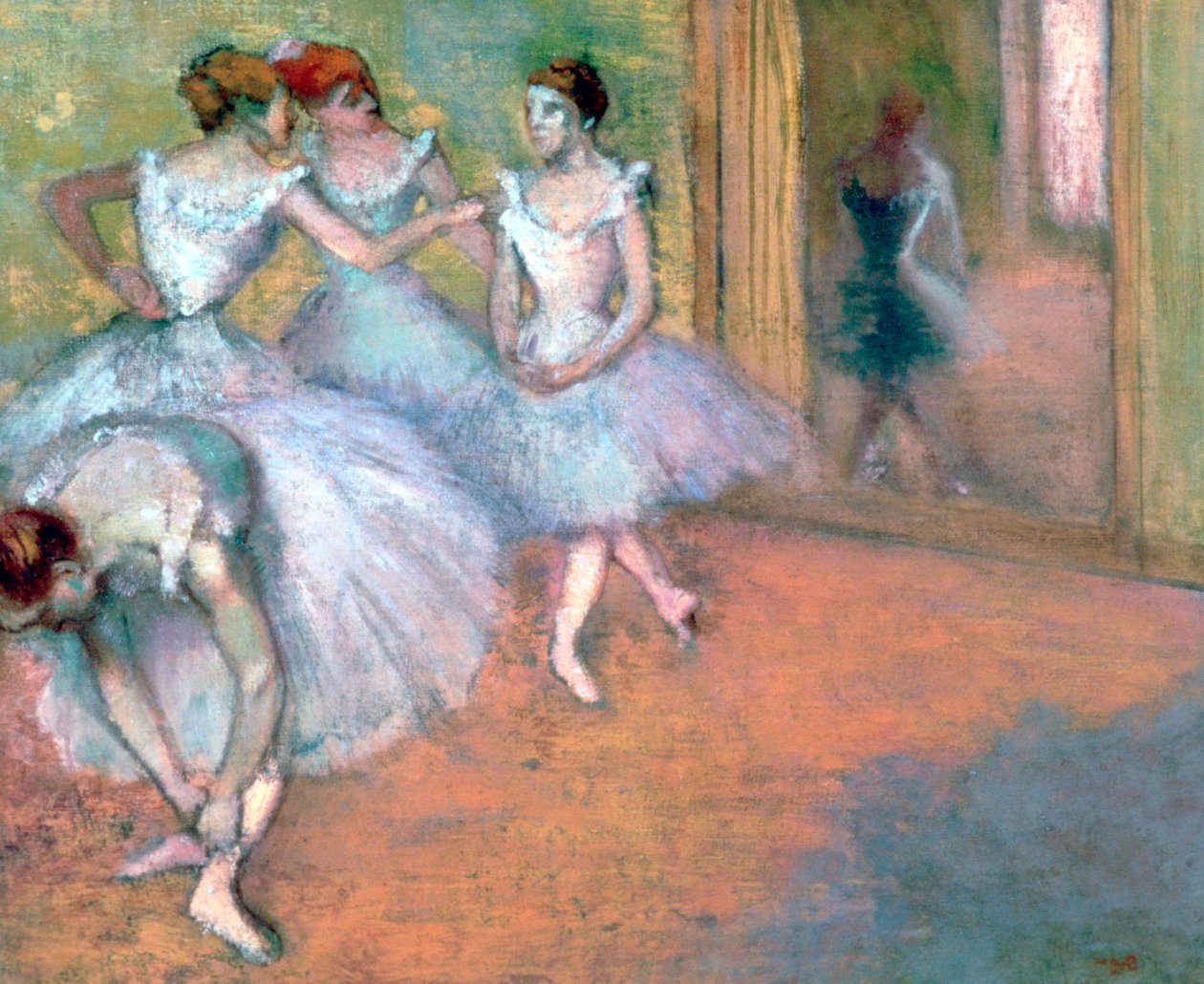 Fire dansere i foajeen, slutten av 1800-begynnelsen av 1900-tallet av Edgar Degas
