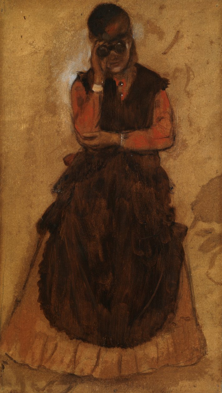 Jente som ser gjennom operabriller (olje på panel) av Edgar Degas
