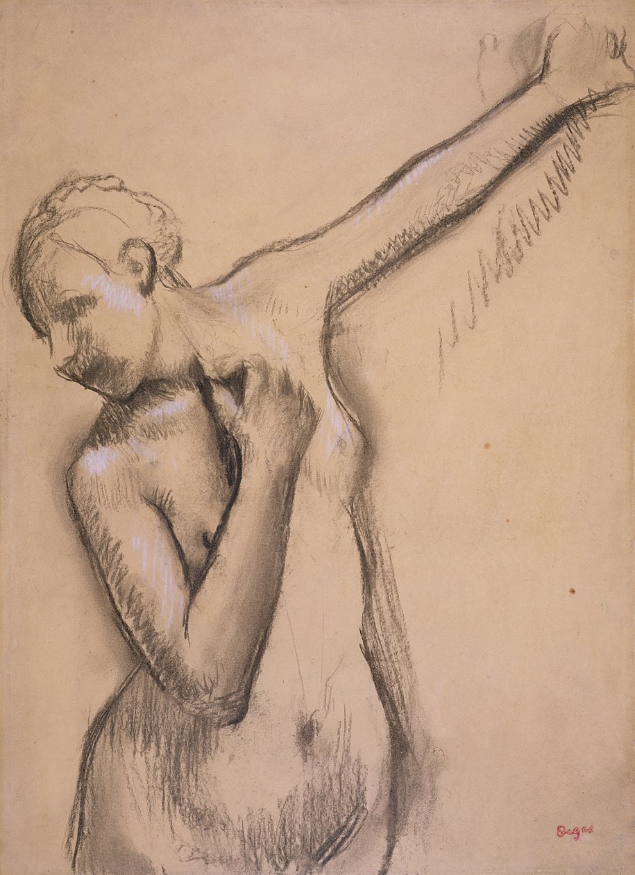 Halv lengde naken jente, ca. 1895 (kull forhøyet med hvitt på kalkerpapir) av Edgar Degas