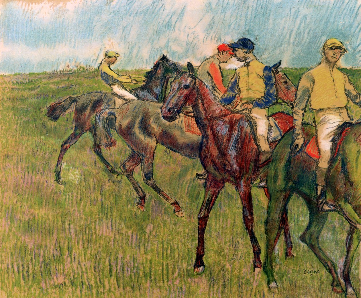 Hester med jockeyer, 1910 av Edgar Degas