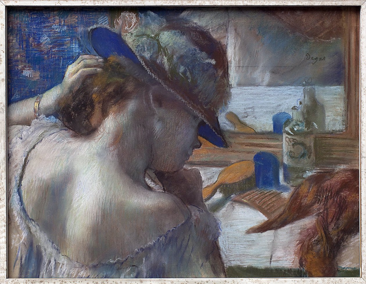 Foran speilet. Verk av Edgar Degas (1834-1917), pastell rundt 1889. Fransk kunst av Edgar Degas