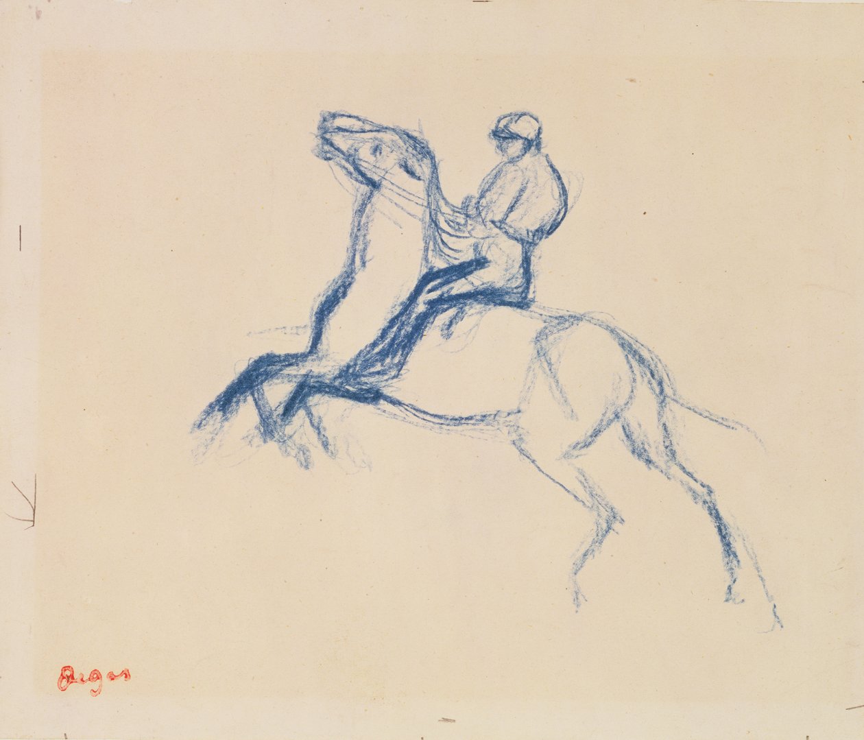 Jockey på hesteryggen (fargestift på papir) av Edgar Degas