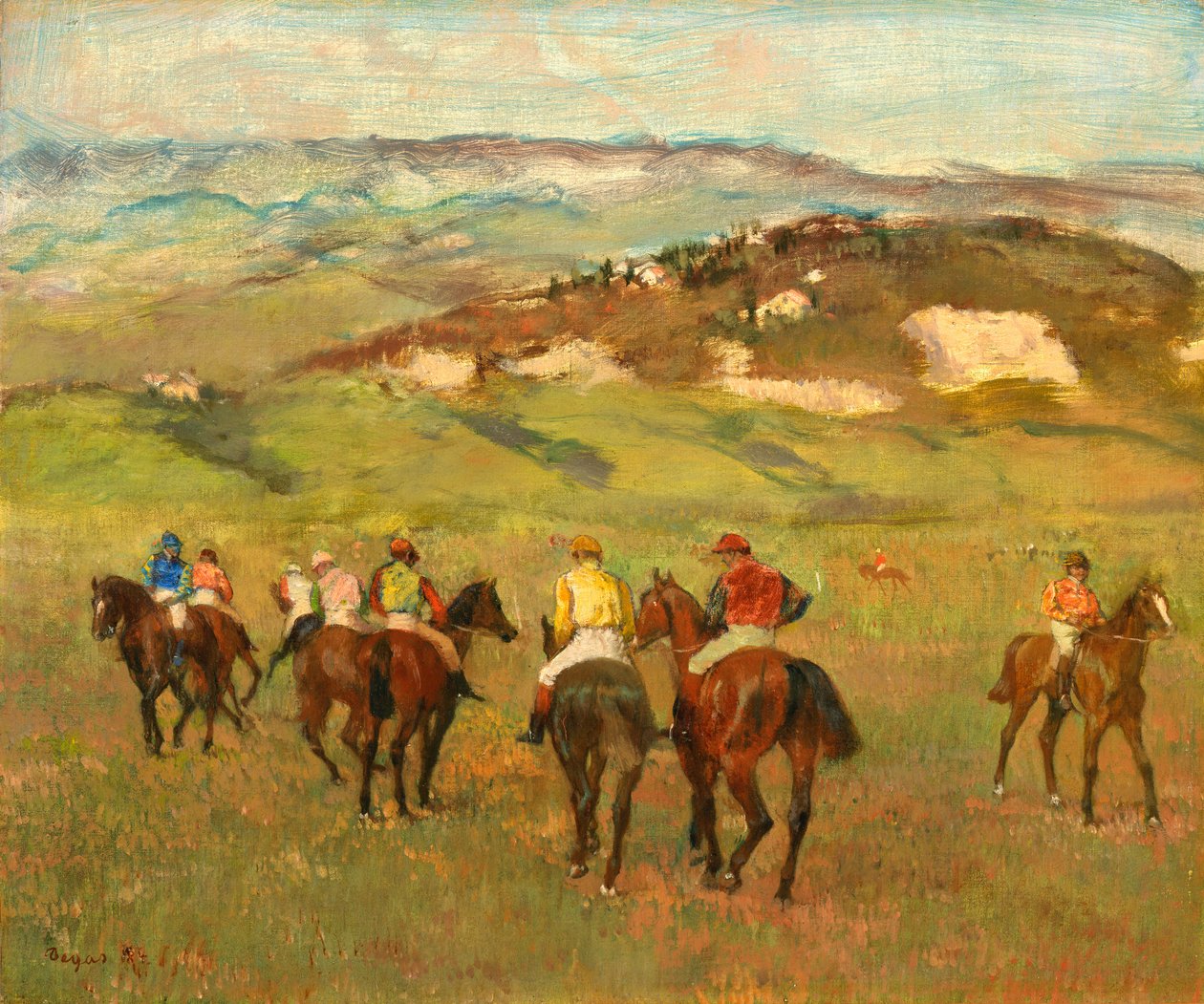 Jockeyer på hesteryggen før Distant Hills, 1884 av Edgar Degas