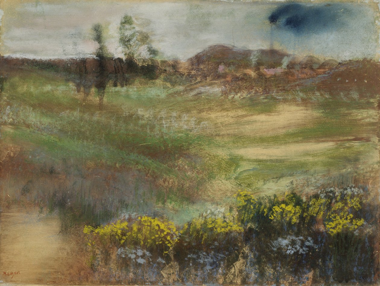 Landskap med røykstenger, ca. 1890 av Edgar Degas