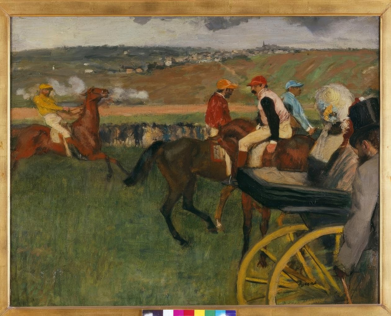 Racerbanen. Amatørjockeyer ved en bil av Edgar Degas