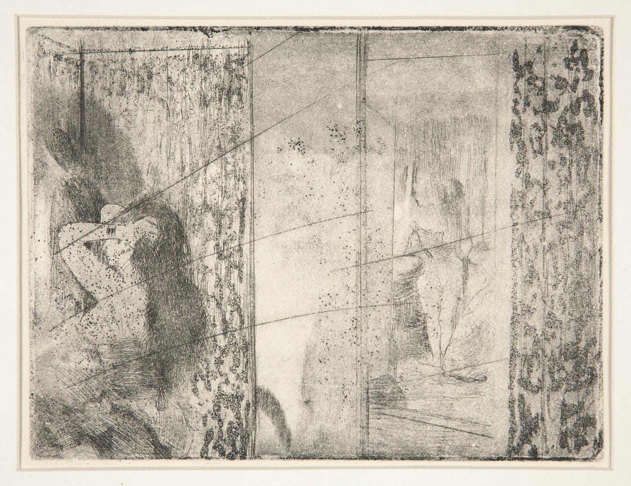 Loges d’Actrices (skuespillernes omkledningsrom), ca. 1875 (etsing og akvatint) av Edgar Degas
