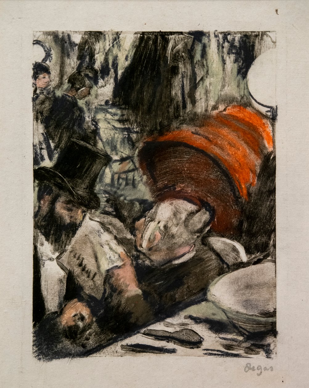 Ludovic Halevy hører historien om Madame Cardinal i et omkledningsrom. Rundt 1876-1877. Pastell på monotypi med svart blekk, første test. av Edgar Degas