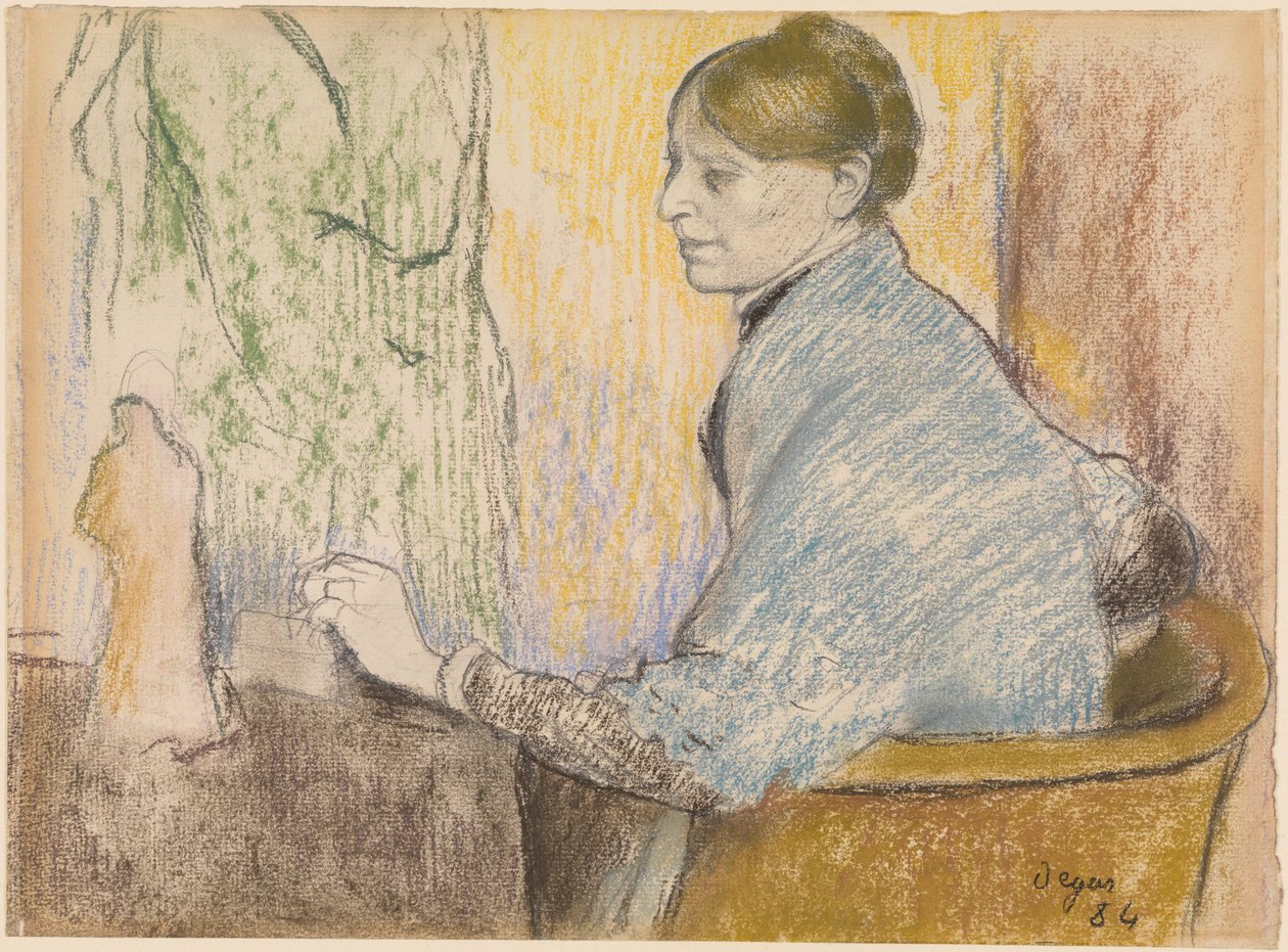 Madame Henri Rouart i en lenestol foran et lite bord med en Tanagra-statuett av Edgar Degas