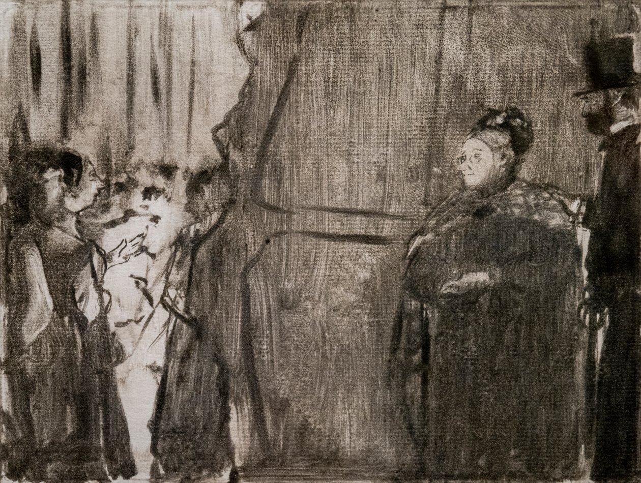 Møt Ludivic Halevy og Madame Cardinal bak kulissene. Rundt 1876-1877. Monotype har svart blekk. av Edgar Degas