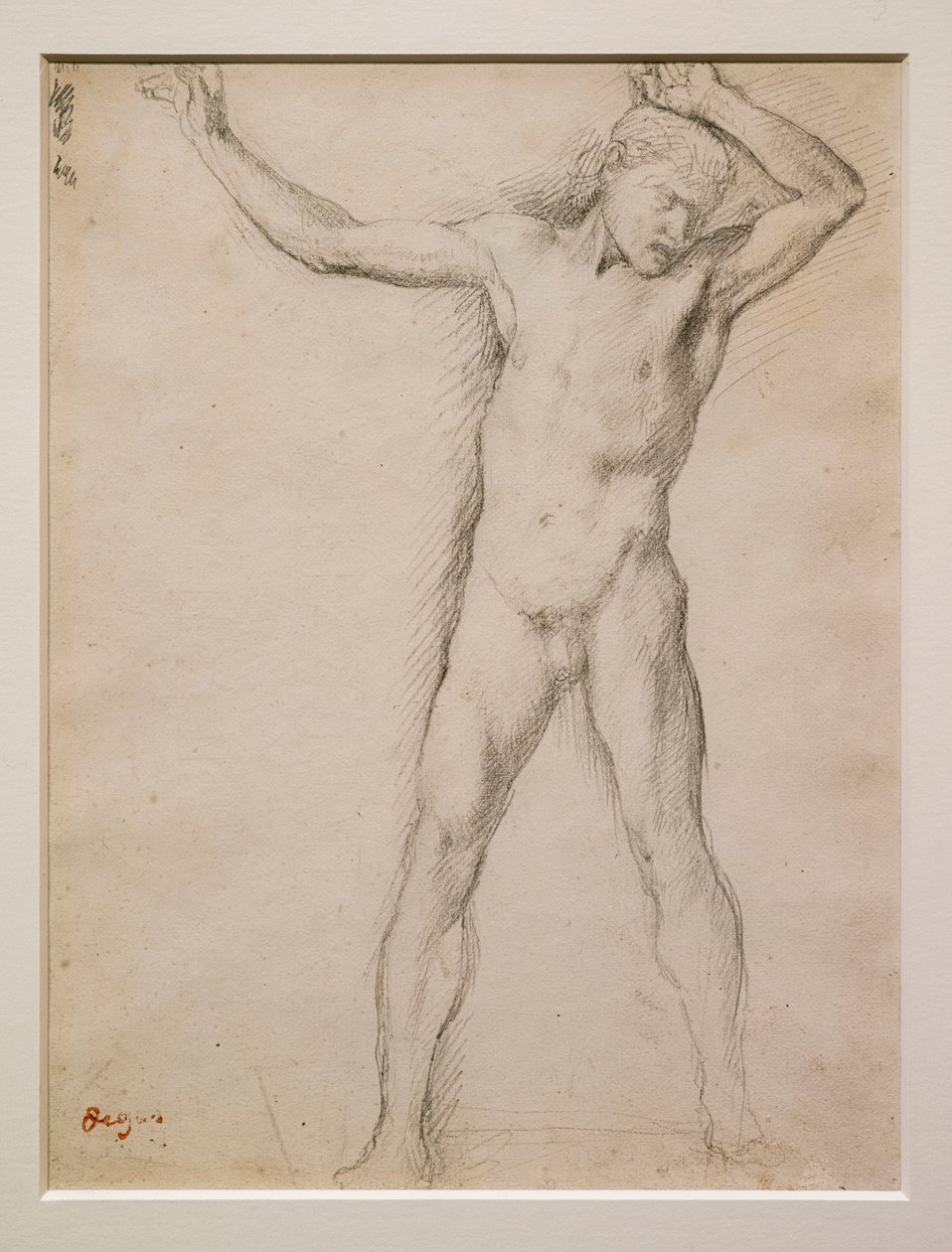 Nakent ansikt, armer hevet, ca 1859-1861. Grafitt på velinpapir. av Edgar Degas