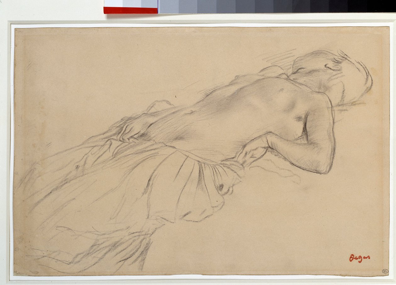 Naken kvinne liggende på ryggen studerer for «Scene de guerre au Middle Ages»» Svart blyanttegning av Edgar Degas (1834-1917) Dim. 0,22 x 0,35 m Paris. Museet Louvre av Edgar Degas