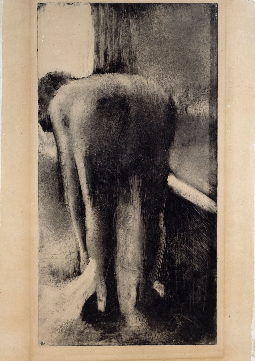 Naken kvinne suser føttene i nærheten av badekaret Monotype i svart blekk av Edgar Degas (1834-1917) 1879-1883 Søn. 0,45 x 0,23 m Paris. Museet Louvre av Edgar Degas