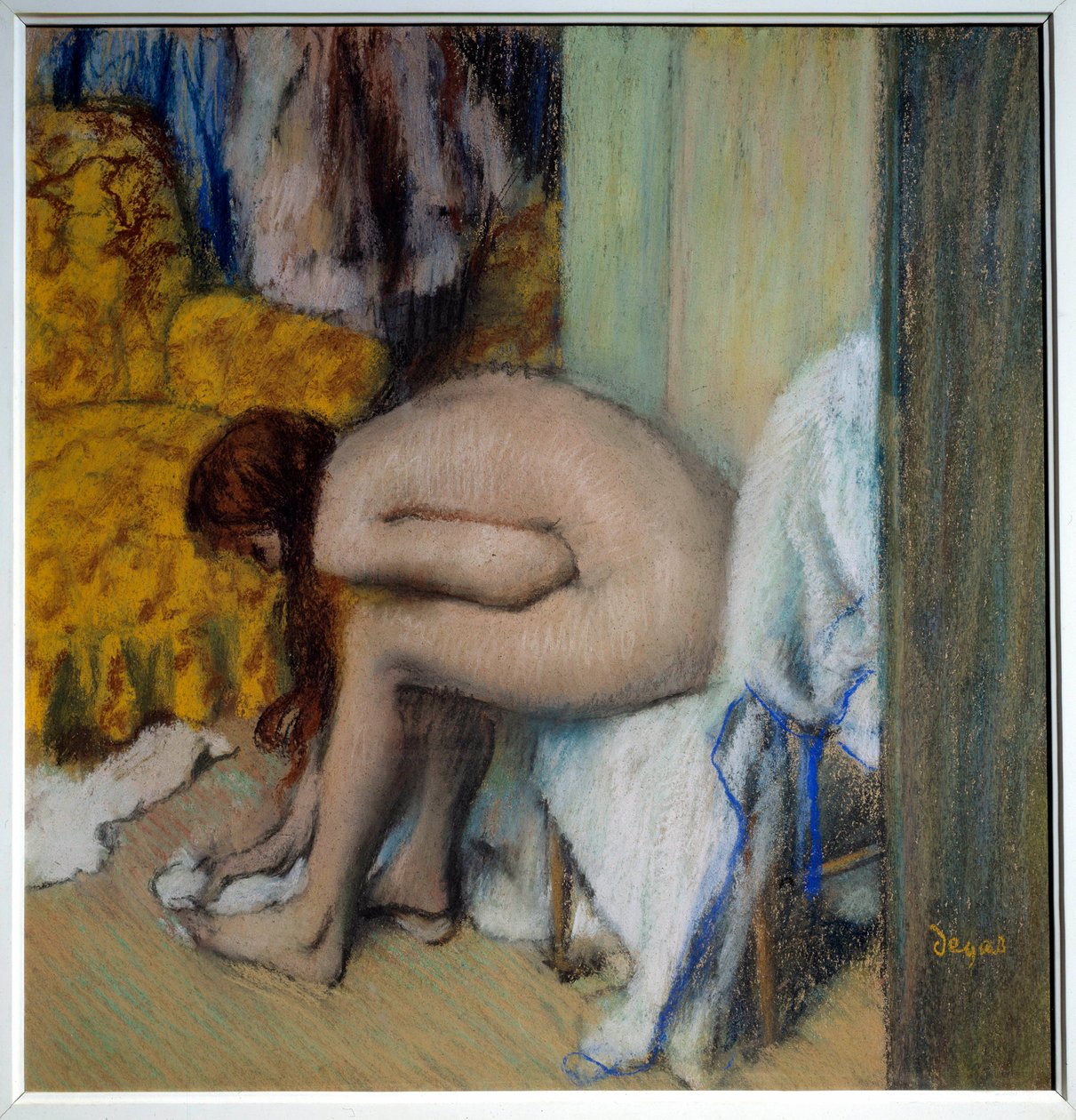 Naken kvinne tørker føttene En kvinne har toalettet sitt. Maleri (monotype i svart blekk) av Edgar Degas (1834-1917). 1879-1893. Dim. 0,45x0,23 m. Paris, Musee d