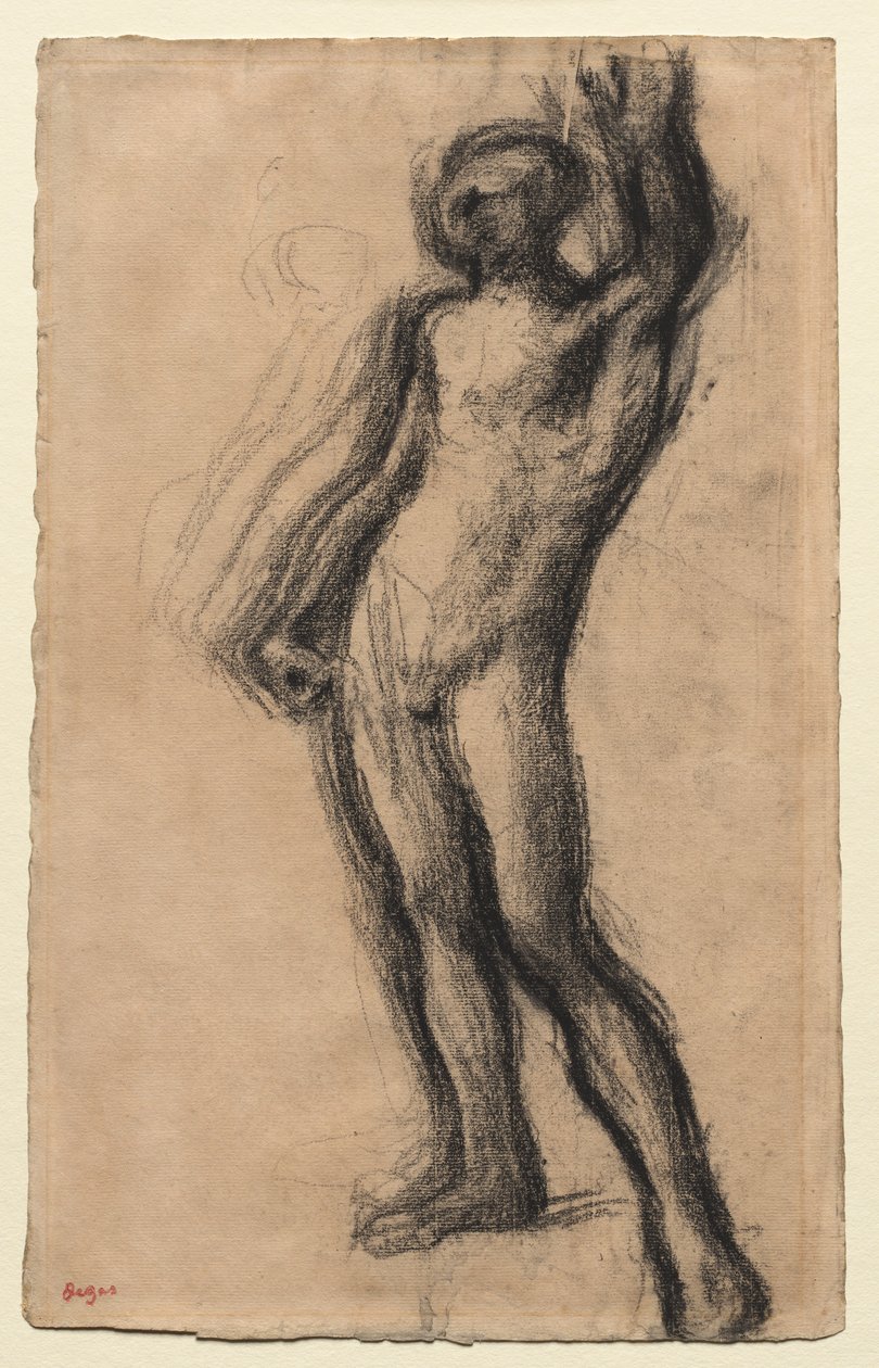 Naken mann stående, med venstre hånd hevet, ca. 1900. av Edgar Degas