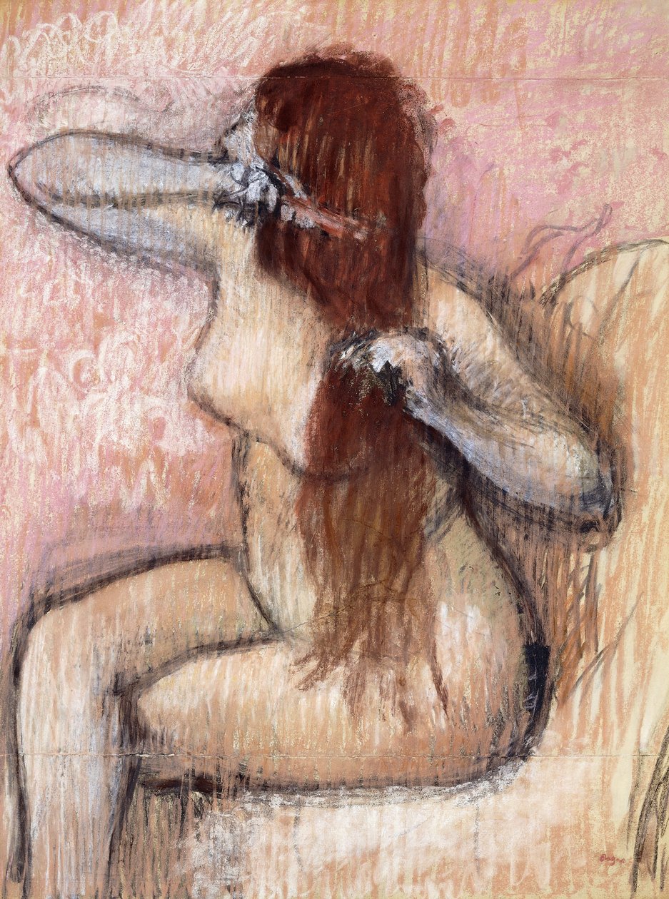 naken sittende kvinne som ordner håret hennes; Sittende naken kvinne som kjemmer håret, ca. 1887-1890 av Edgar Degas