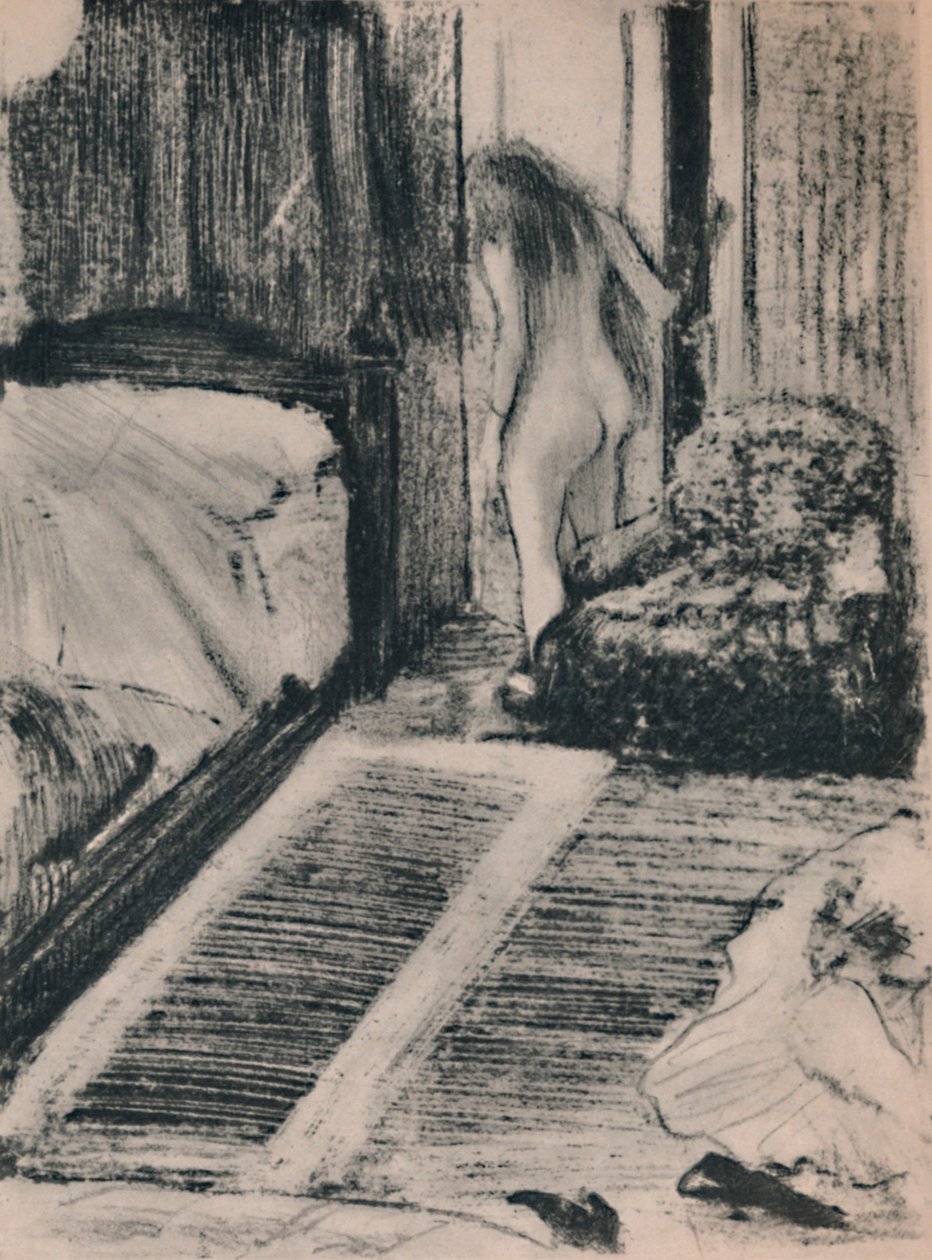Naken kvinne ved døren til rommet hennes, ca. 1879, 1946 av Edgar Degas