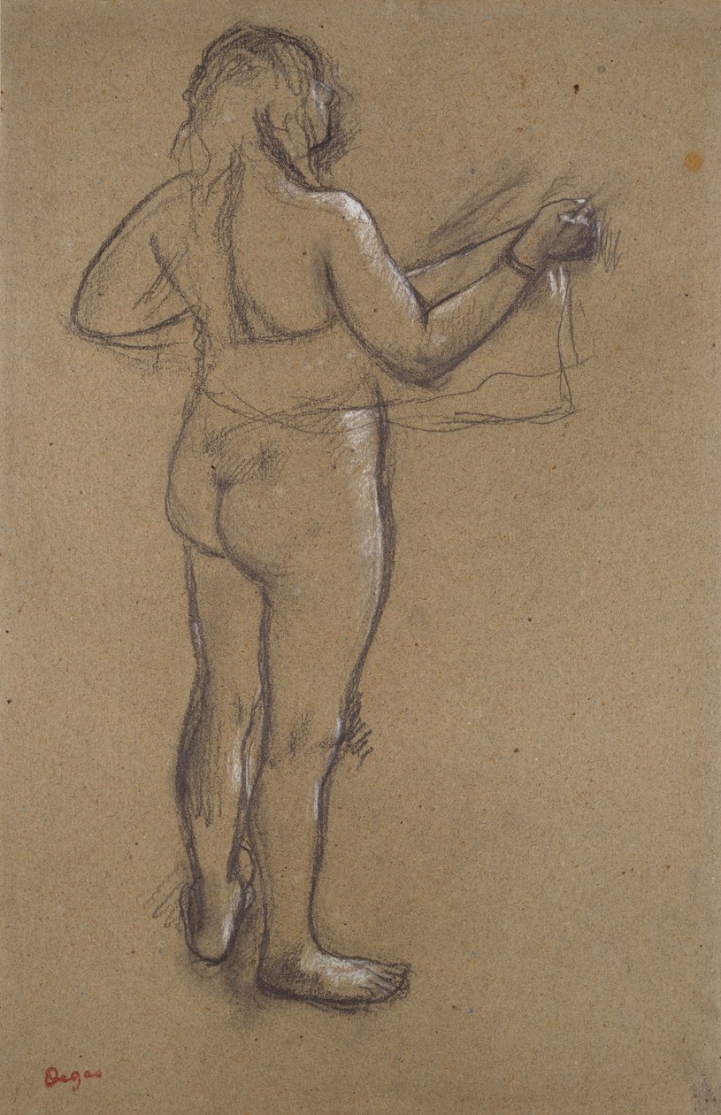 Naken kvinne som tørker seg med et håndkle, sett bakfra, sent på 1800-tallet av Edgar Degas
