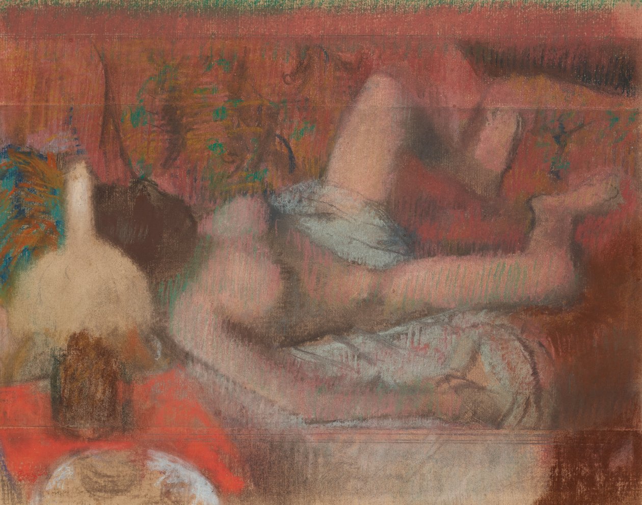 Liggende naken kvinne, ca. 1888–90 (pastell over monotypi på papir) av Edgar Degas