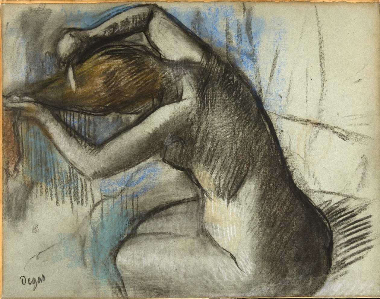 Sittende naken kvinne som børster håret, ca. 1885 (kull og pastell på blått papir) av Edgar Degas