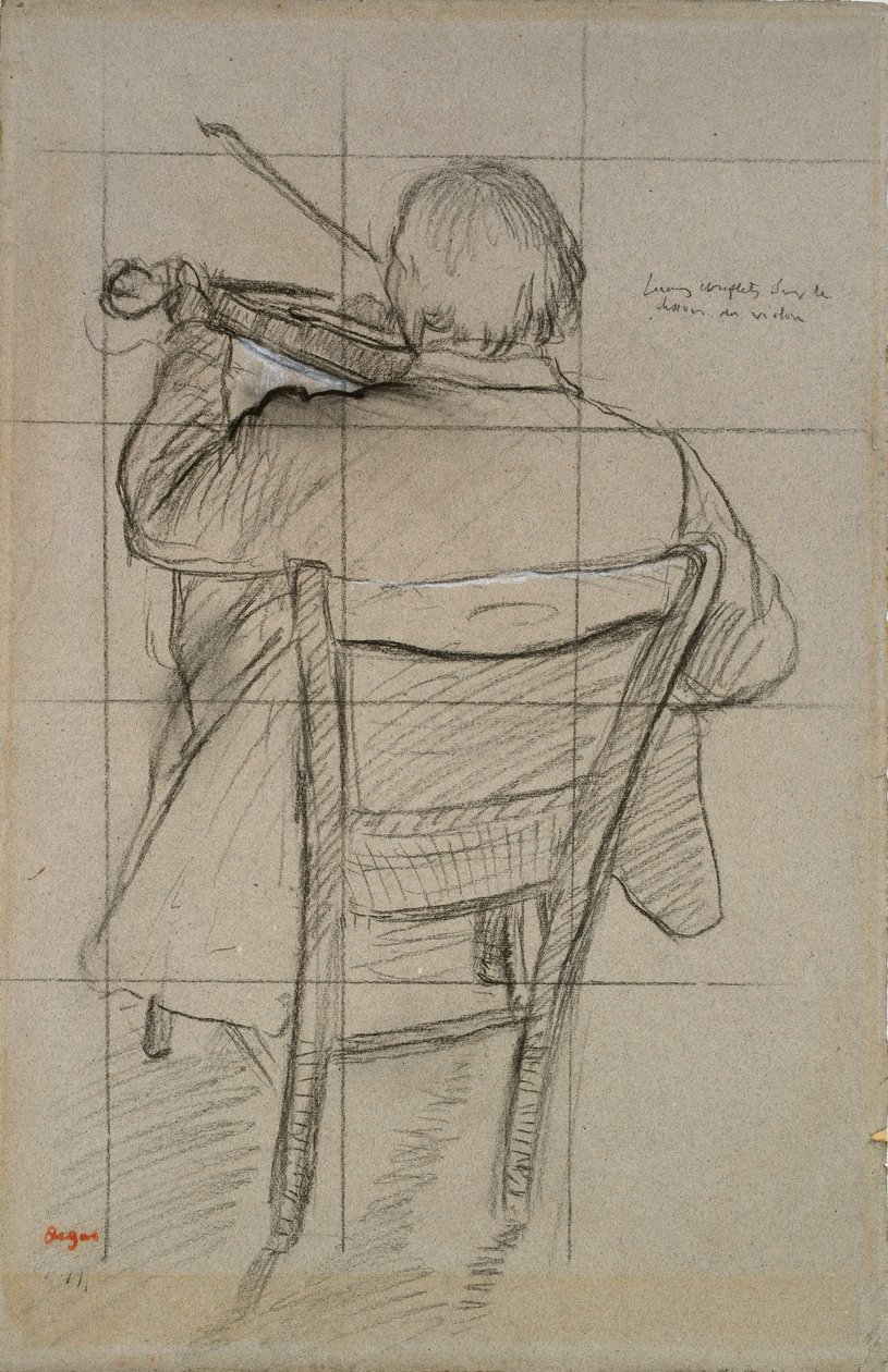 Sittende fiolinist sett bakfra, 1875-1876 av Edgar Degas