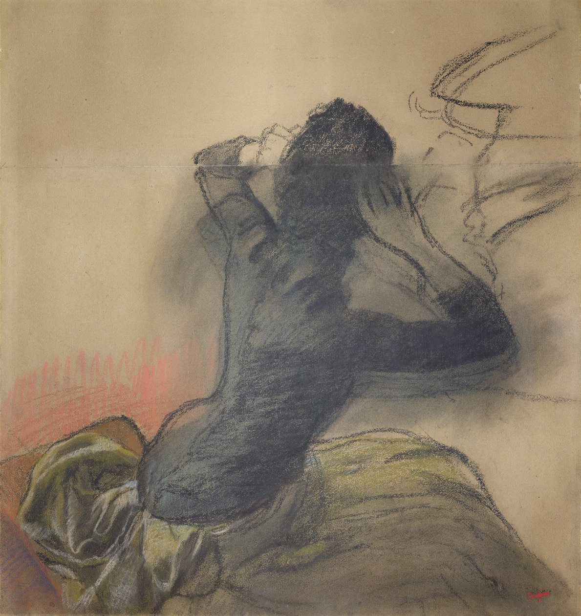 Sittende kvinne som justerer håret, ca. 1884 (kritt og pastell på papir) av Edgar Degas