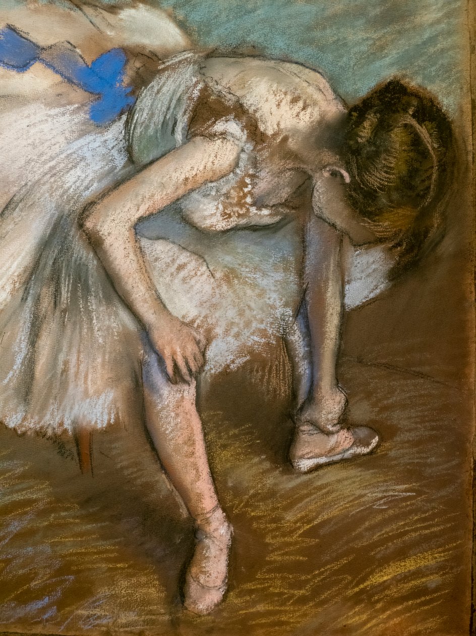 Sittende danser som masserer foten (detalj). 1881-1883. Pastell på brunt papir limer på papp. av Edgar Degas