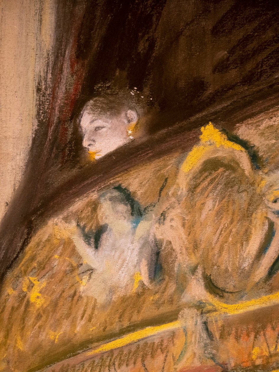 Studie av en hytte ved teatret (detalj). 1880. Pastell og olje på pappmaruffel på lerret. av Edgar Degas