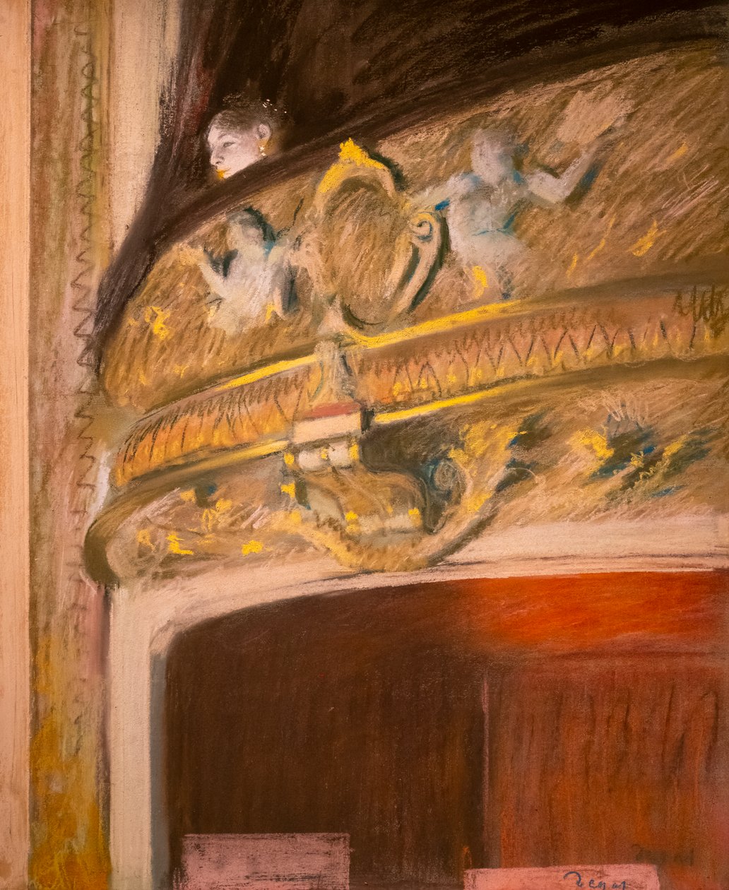 Studie av en loge på teatret. 1880. Pastell og olje på pappmaruffel på lerret. av Edgar Degas