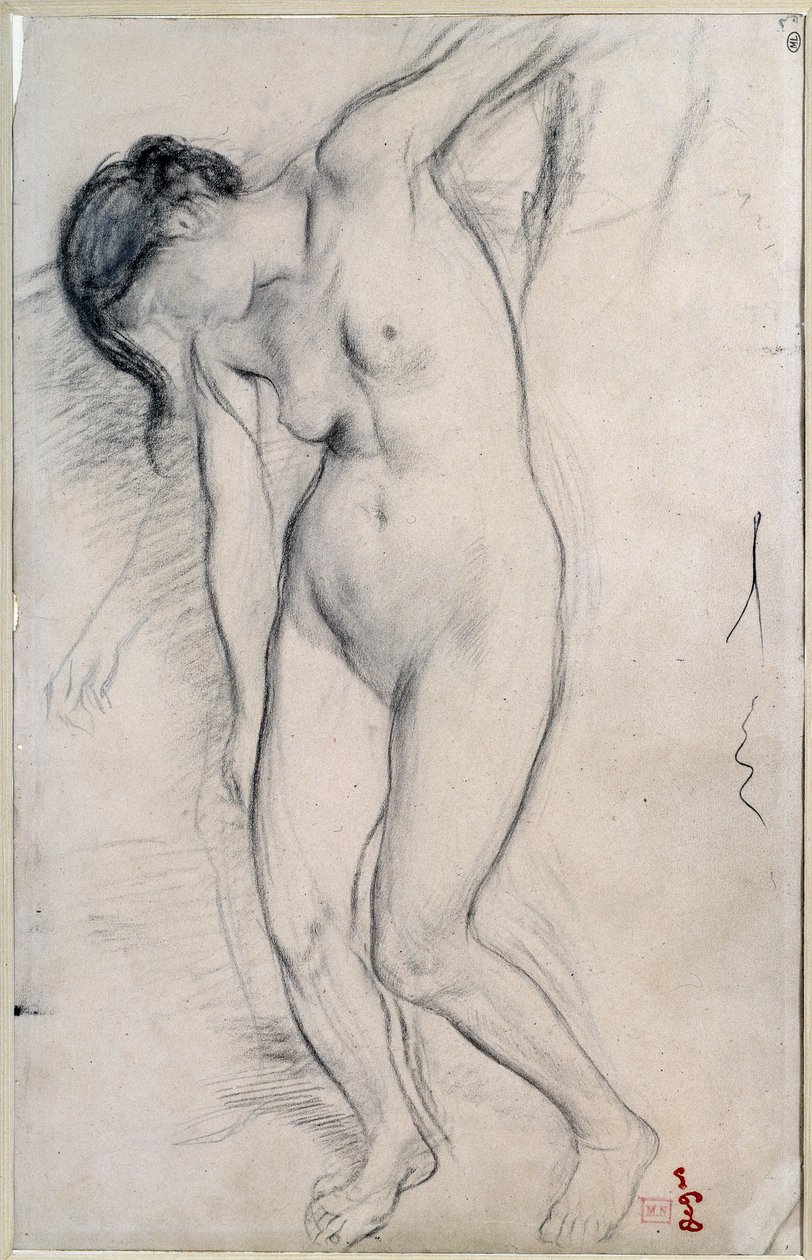 Studie av naken kvinne som står for "" scene de guerre au middelalder "". Tegning av Edgar Degas (1834-1917), ca. 1863-1865. Mål: 0,35 X 0,22 m. Paris, Musee d