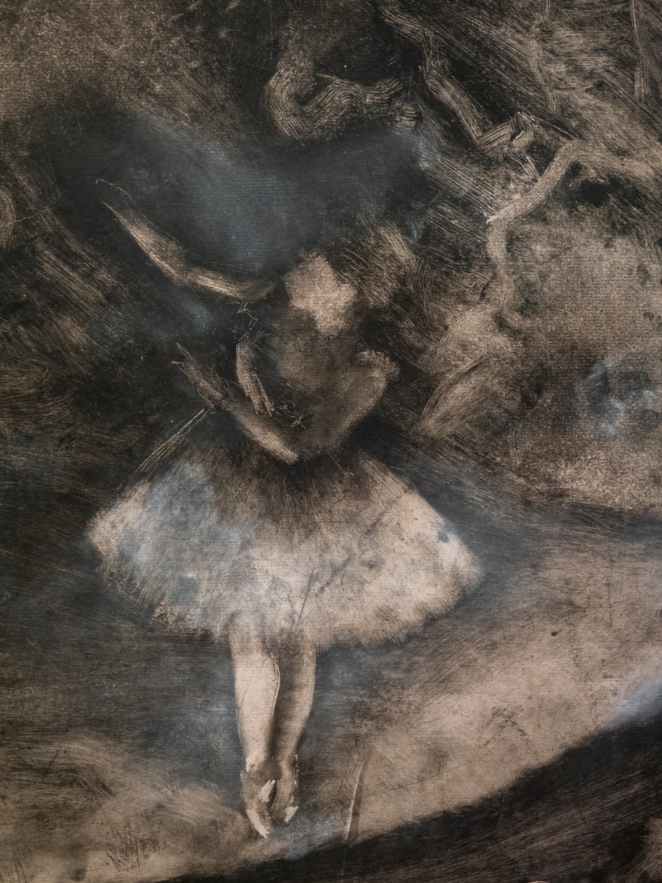 The Master of Ballet (detalj) (utført i samarbeid med Ludovic Lepic). 1876. Monotypi i svart blekk med hvite kritthøydepunkter av Edgar Degas