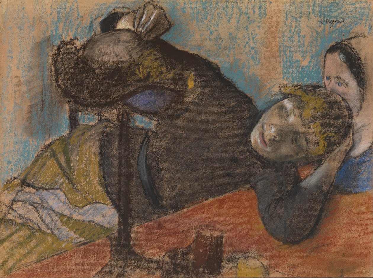 The Milliner, ca. 1882 (pastell og kull på varmt grått vevd papir lagt ned på mørkebrunt) av Edgar Degas