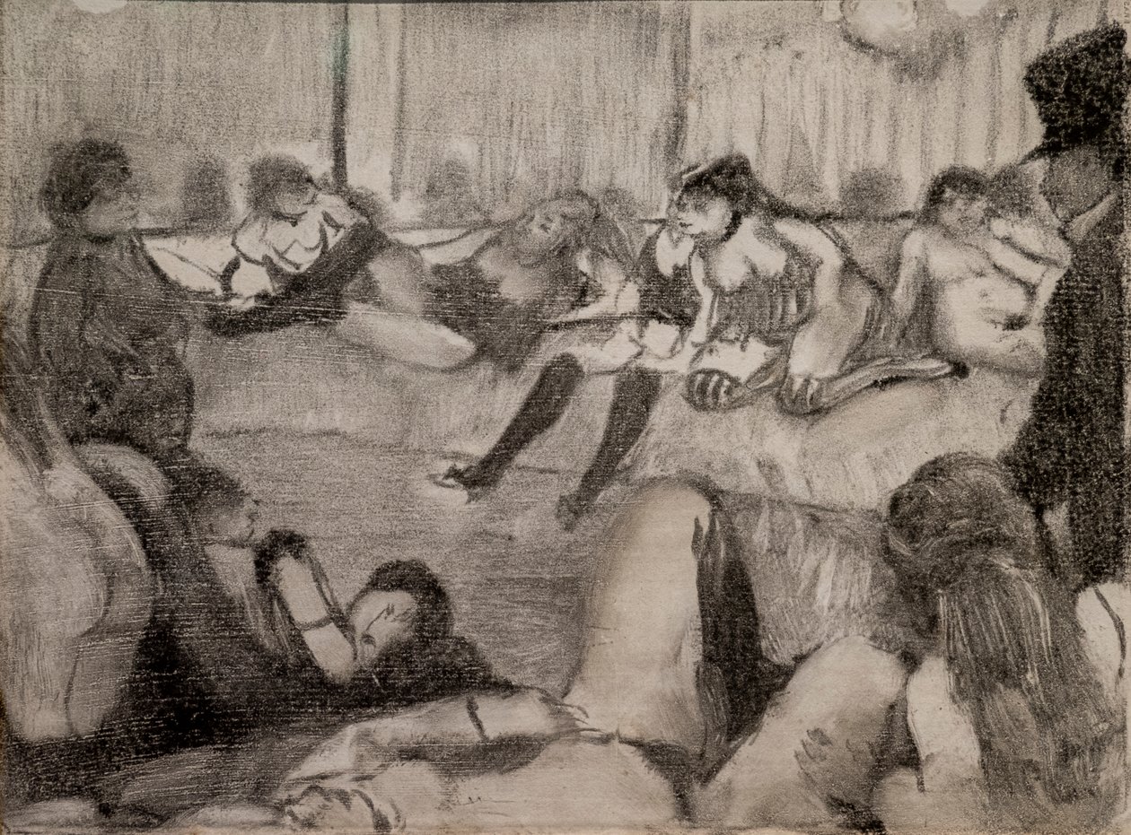 Salongen. 1879. Monotypi har svart blekk, pastellfarger. av Edgar Degas