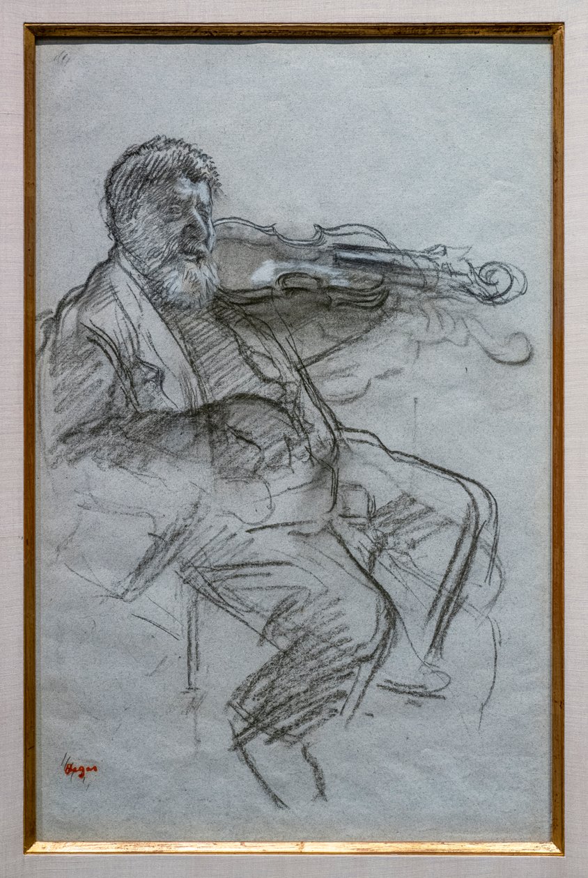 Fiolinisten. 1879. Kull og hvite kritthøydepunkter på blågrått papir. Boston, Museum of Fine Arts, William Francis Warden Fund. av Edgar Degas