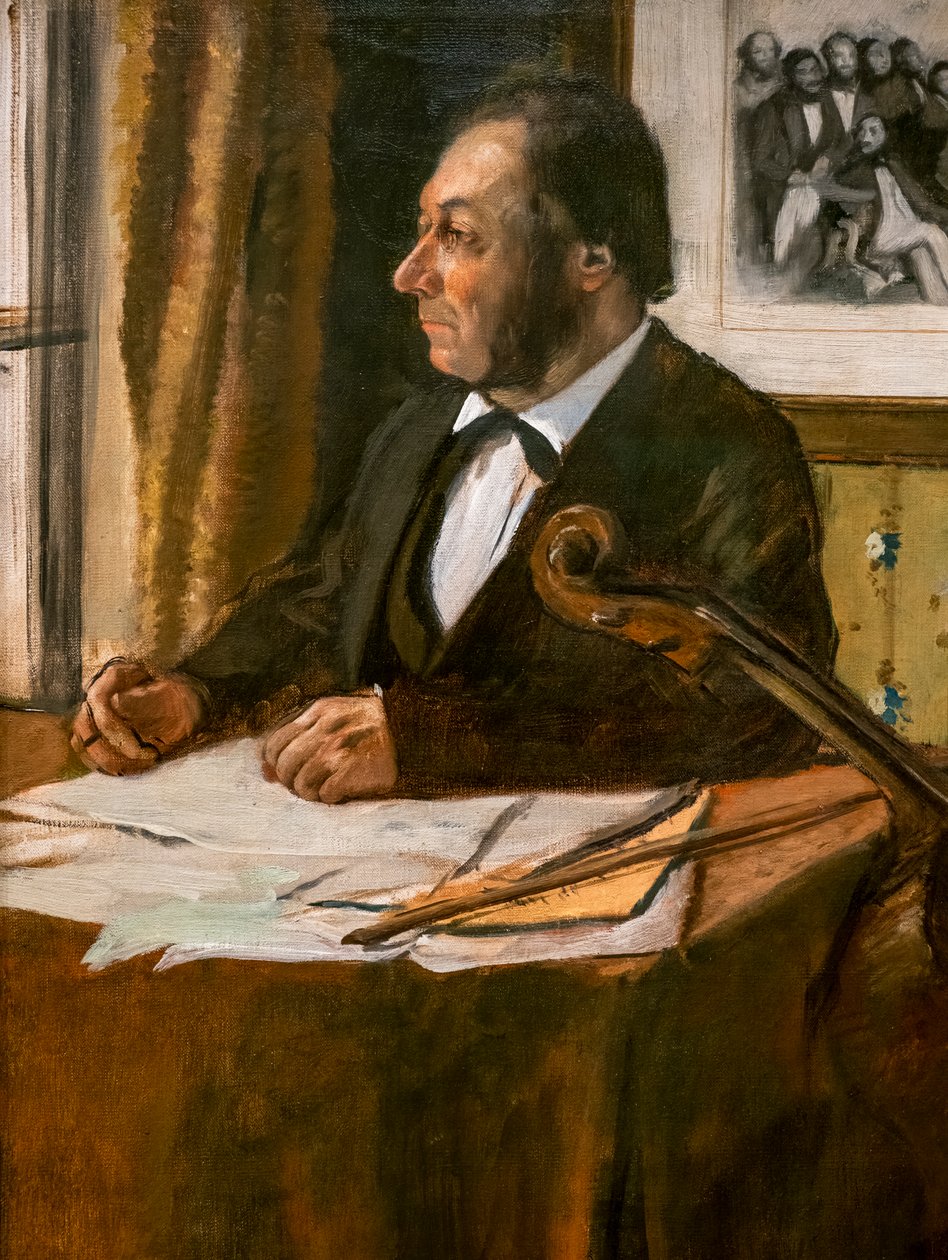 Cellisten Louis-Marie Pilet (detalj). Rundt 1868-1869. Olje på lerret. av Edgar Degas