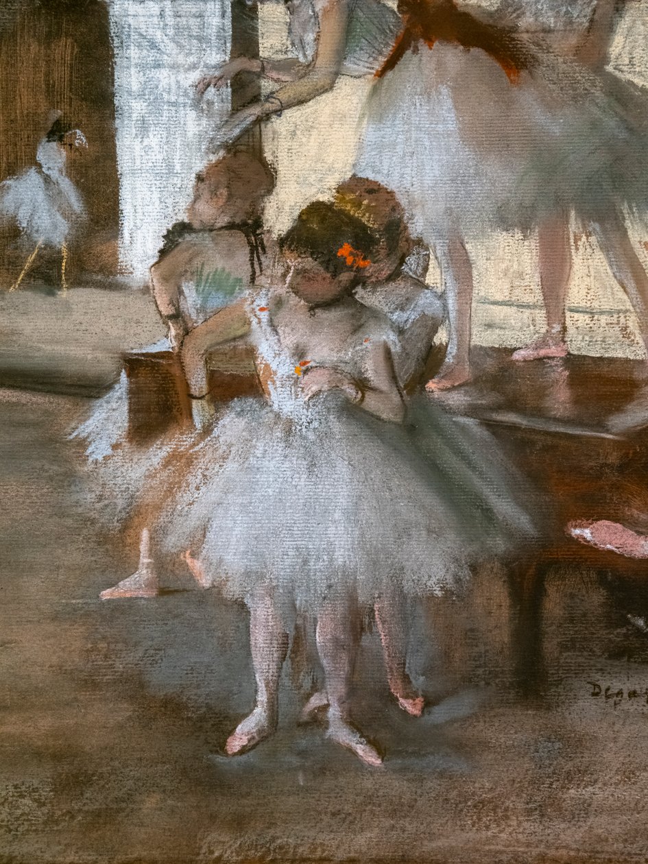 Dansetimen (detalj). Omkring 1876. Pastell på papir limt på papp. av Edgar Degas