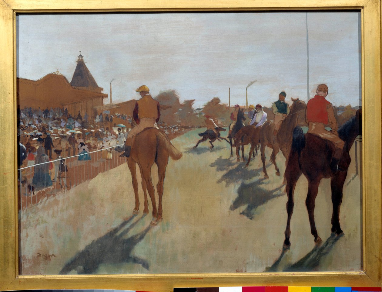 Defilen sier "" løpshester foran tribunene"" Maleri av Edgar Degas (1834-1917) 1866-1868. Dim. 0,46 x 0,61 m. Paris, Musee d
