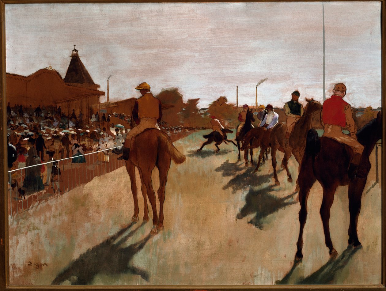 Paraden eller løpshestene foran tribunen (olje på lerret av Edgar Degas