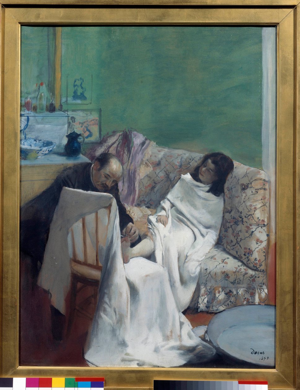 Pedikyren En lege undersøker en ung kvinnes føtter. Maleri av Edgar Degas (1834-1917). 1873. Dim 0,61 x 0,46 m. Paris, Musee d