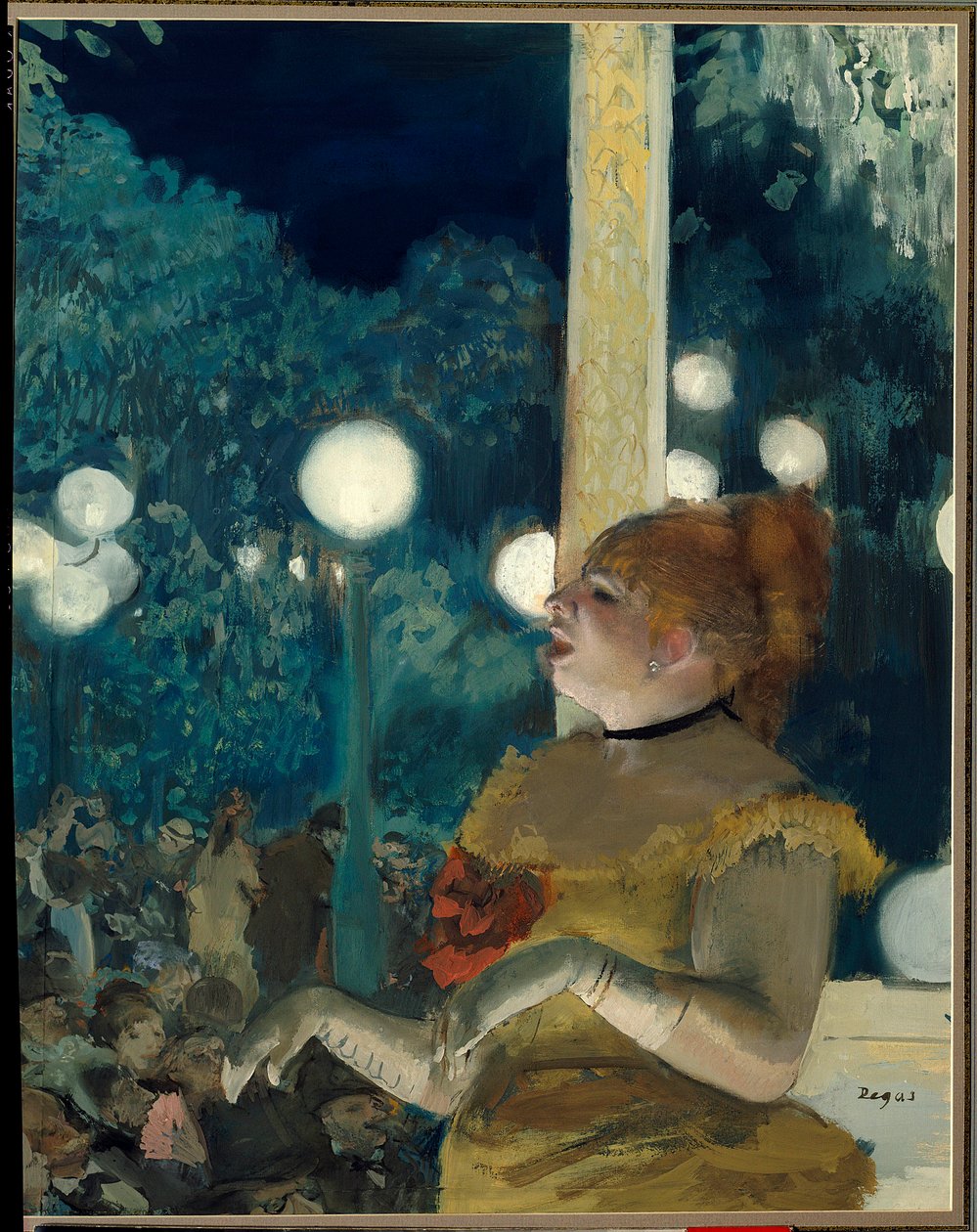 Hundens sang (Emma Valladon kalt Theresa (1837-1913) på kafékonserten) Maleri av Edgar Degas (1834-1917), gouache og pastell, 57,5 cm x 45 cm av Edgar Degas