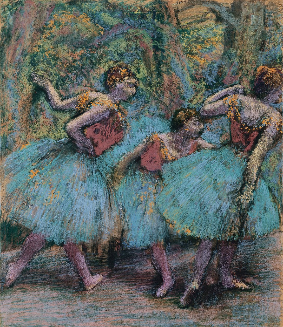 Tre danserinner (blå tutuer, røde livstykker) av Edgar Degas