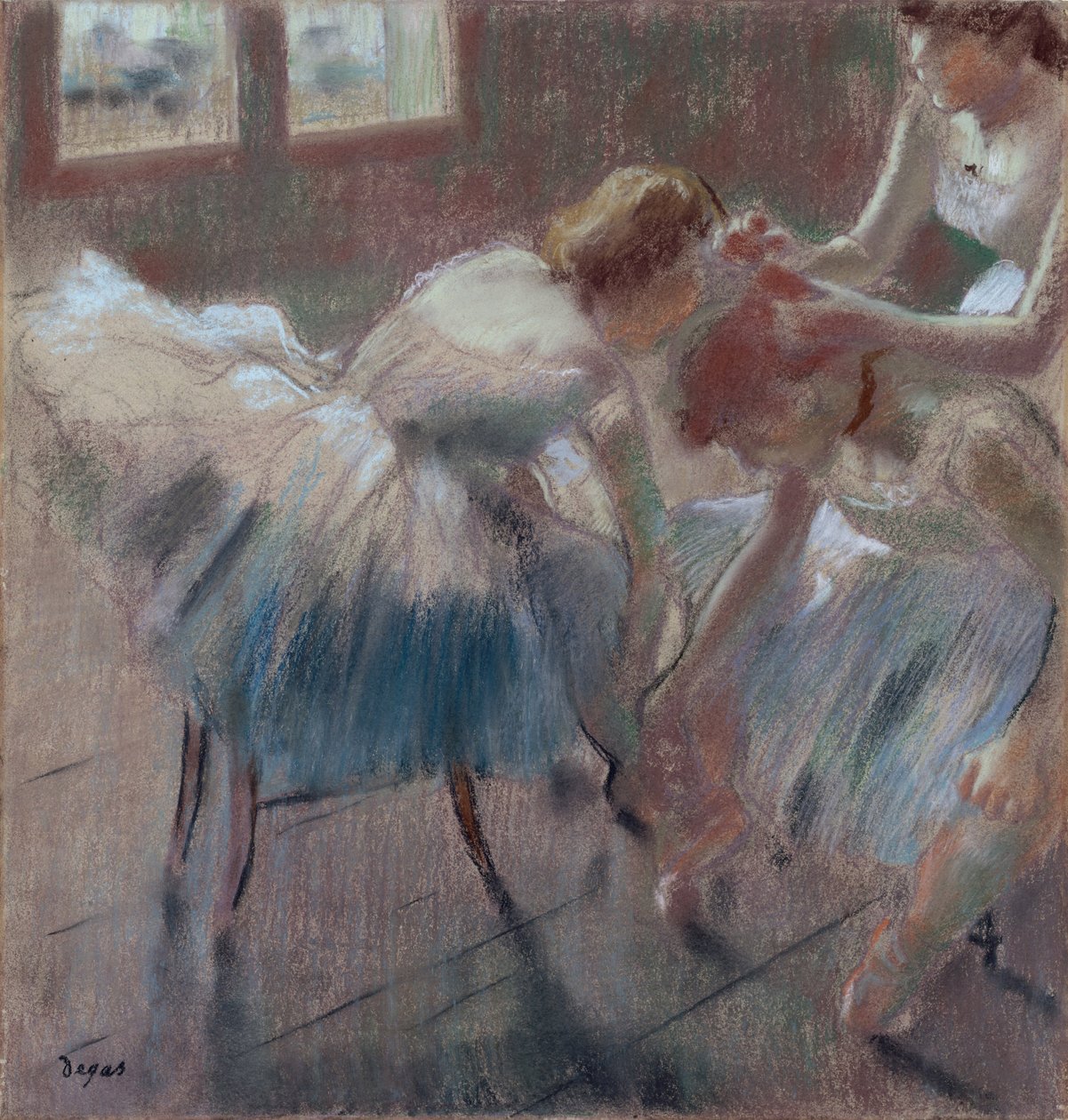 Three Dancers Preparing for Class, ca. 1880 (pastell på brunfarget vevd papir) av Edgar Degas