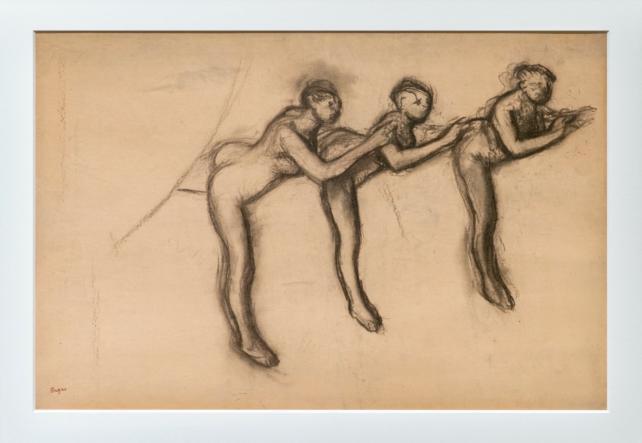 Tre nakne dansere i arabesk. Rundt 1892-1895. Kull på papir limer på papp. av Edgar Degas