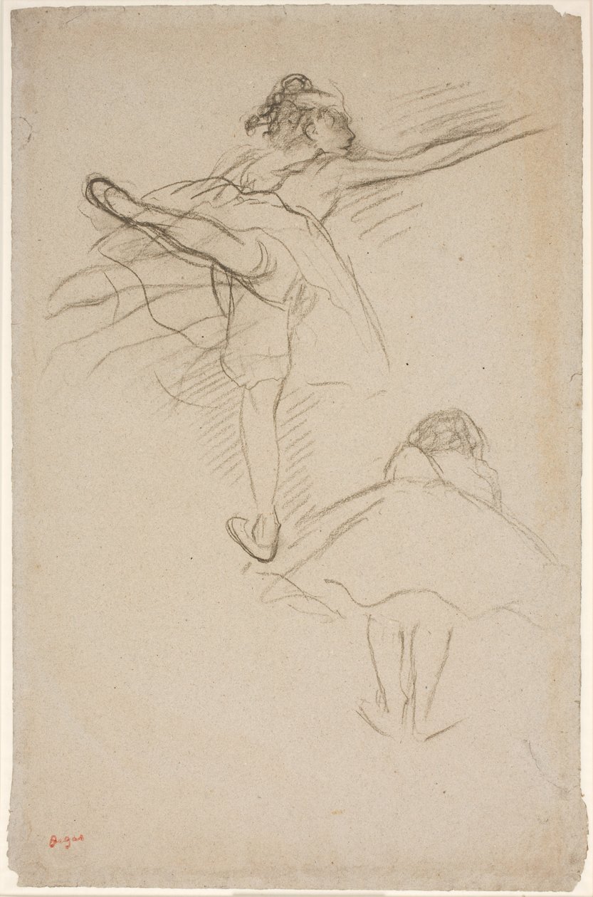 To studier av kvinnelige dansere. Over danser stående på venstre ben; under, foroverbøyd danser sett bakfra av Edgar Degas